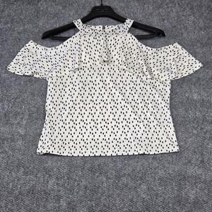 AUW Women XL Blouse White Black Polka Dot Cold Shoulder Ruffle High Neck